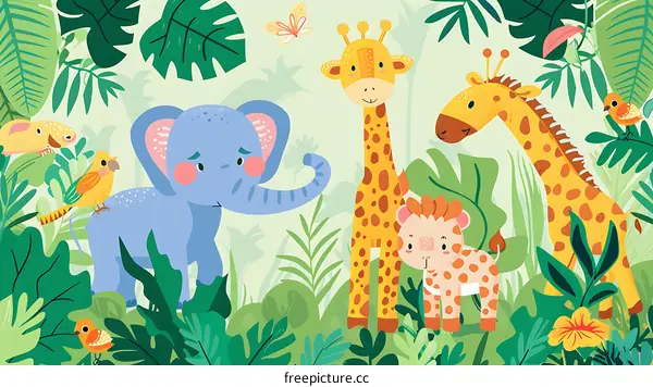 Cute Cartoon Animals In The Jungle