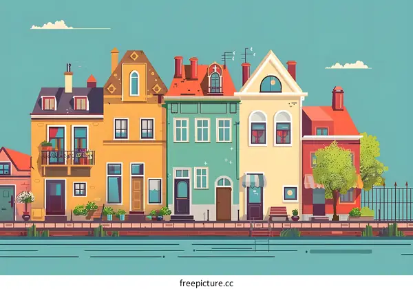 Colorful Houses by the River Illustration