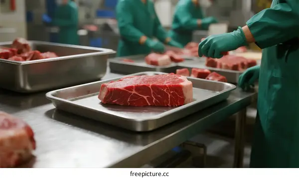 Butchers in Green Uniforms Processing Fresh Red Meat in Factory