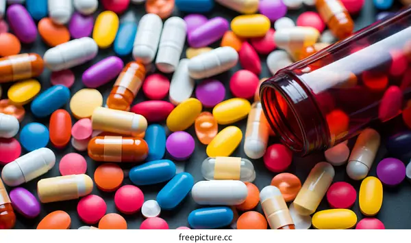 Colorful pills and capsules spilled from an open prescription bottle