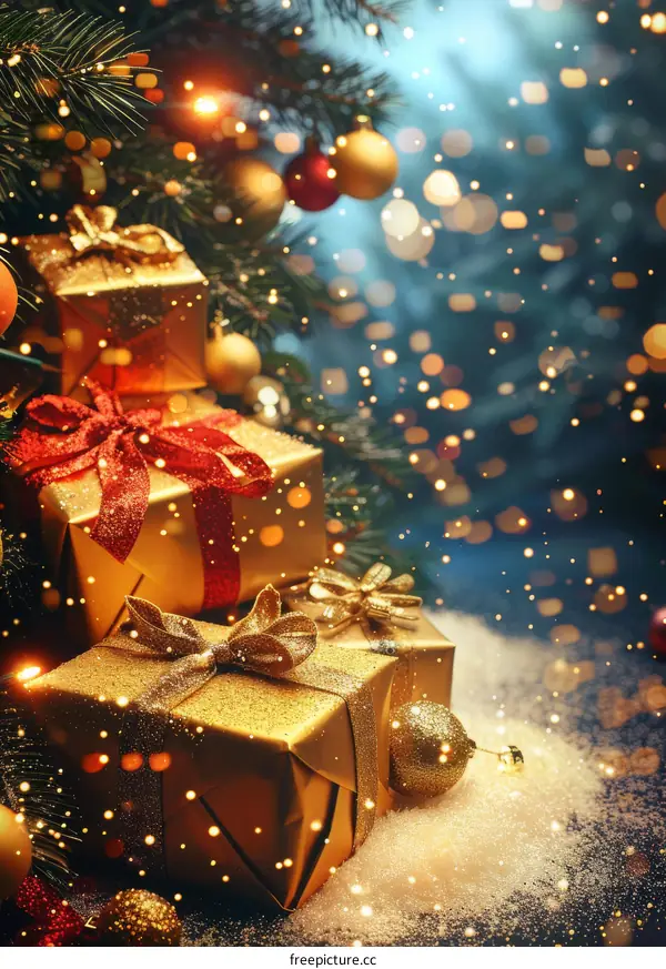 Festive Christmas Presents Under Decorated Tree