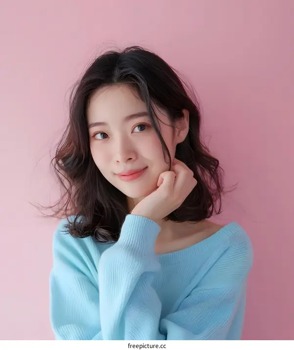 Portrait of a Beautiful Young Asian Woman with Short Wavy Hair Wearing a Blue Sweater