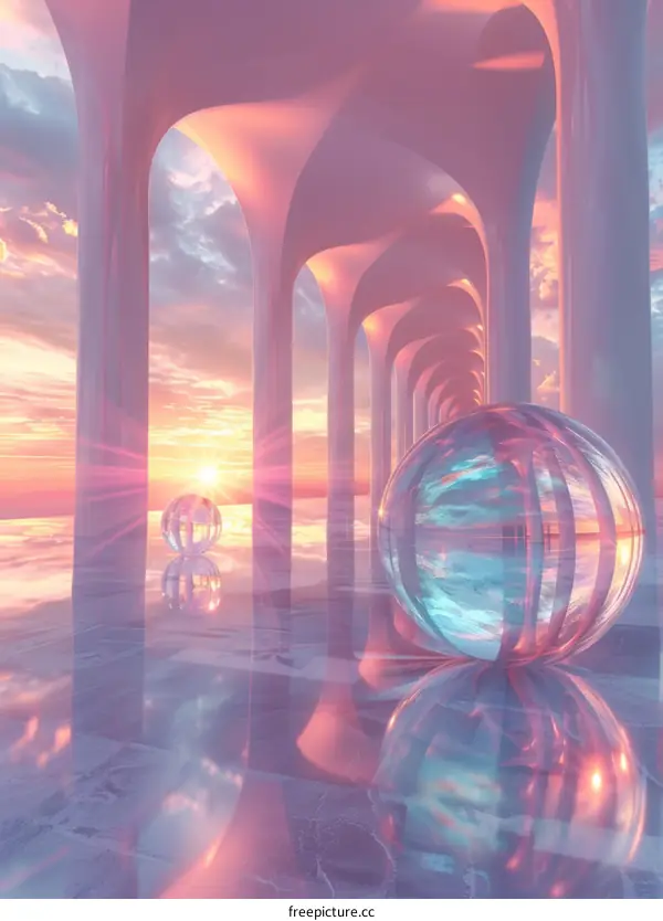 Pink surreal space with glass spheres