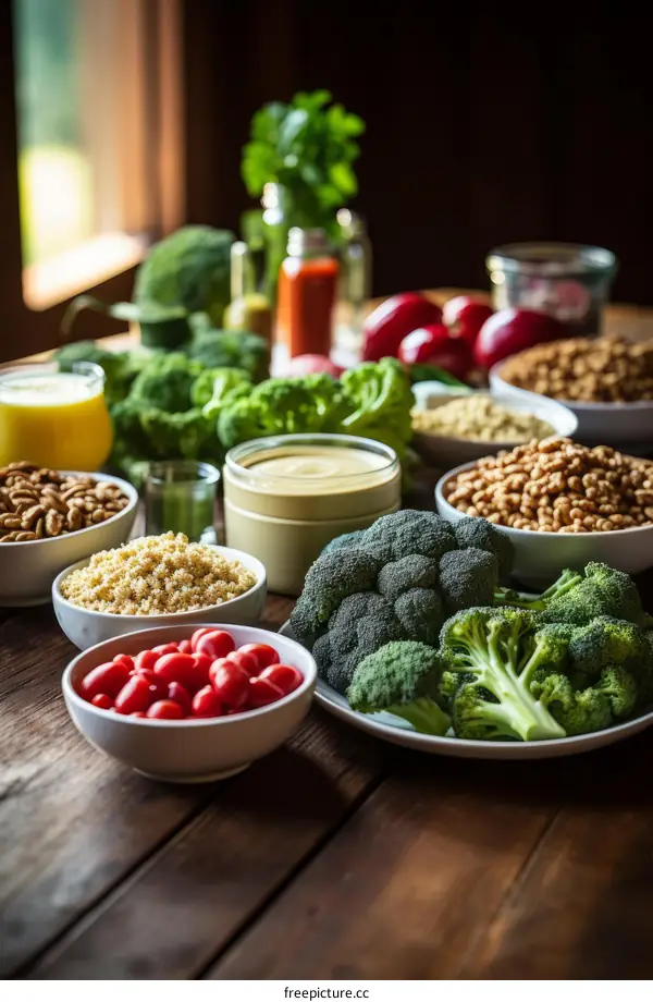 A variety of healthy food on a wooden table