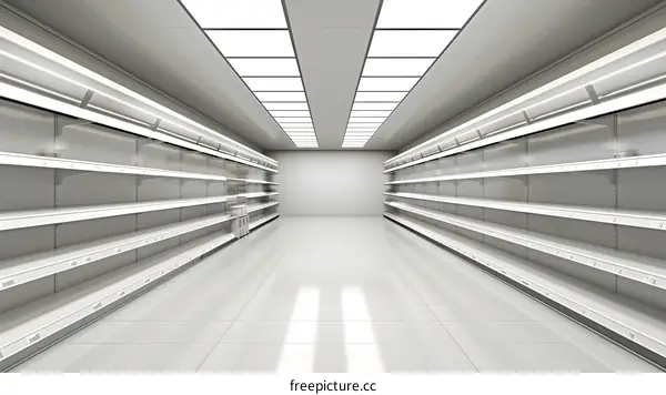 Empty Supermarket Shelves in White Interior