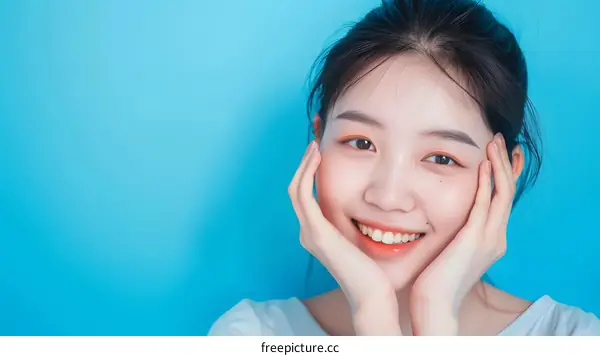 Smiling Asian Woman with Blue Background