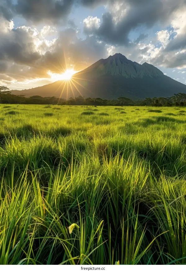 Green Grass Field With Mountain In The Distance