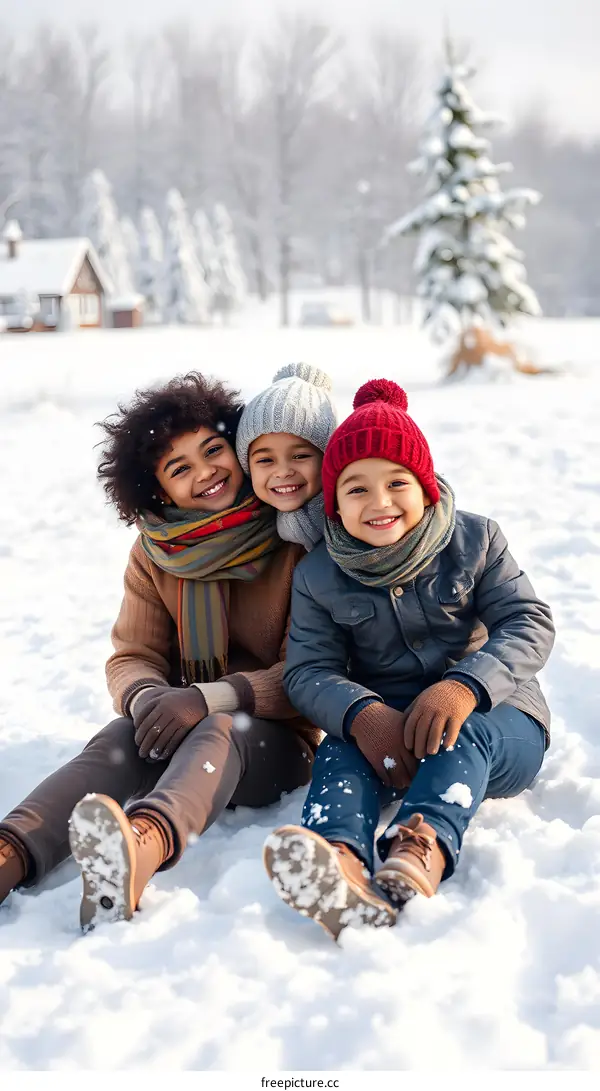 Happy Children Wearing Winter Clothes Sitting In The Snow