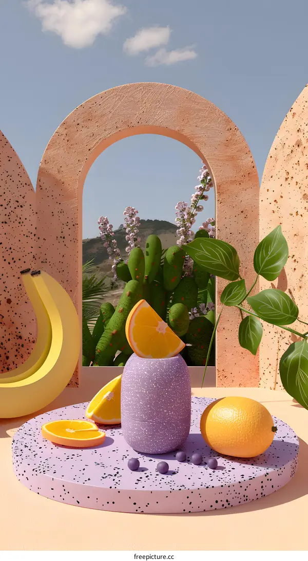 Summer Fruit Still Life with Arched Walls and a View