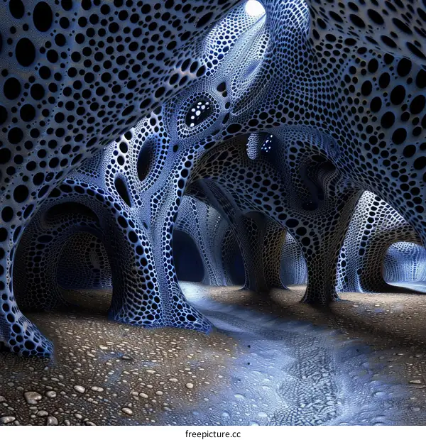 Mystical Blue Cave with Intricate Organic Structures