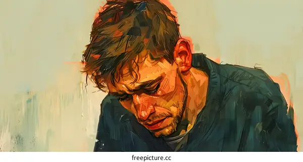 A portrait of a man with his head down