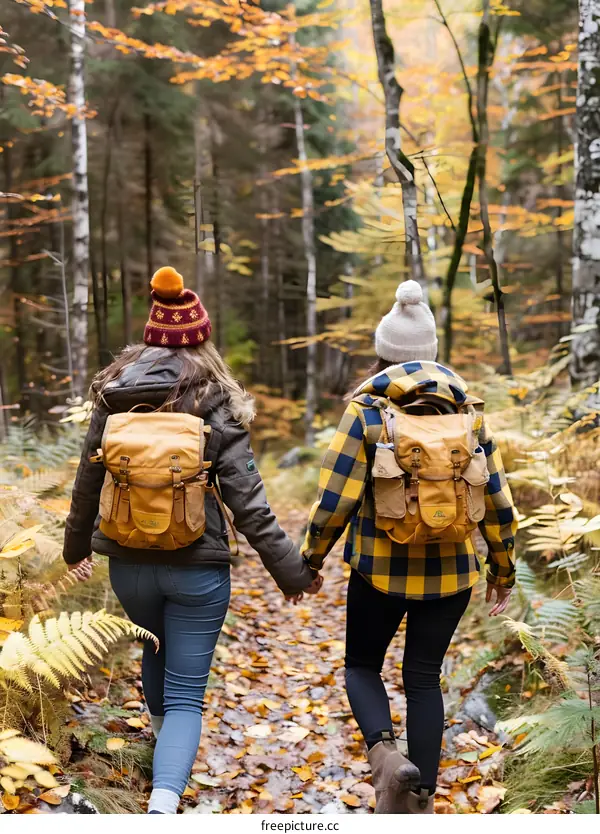 Two Women Hiking Through Autumn Forest