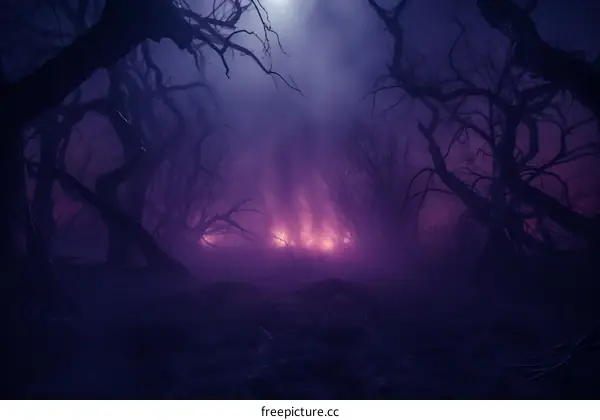 Mystical foggy forest with a bright light in the distance