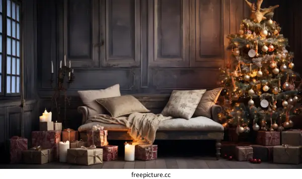 A beautifully decorated Christmas tree stands in a living room with a sofa and gifts