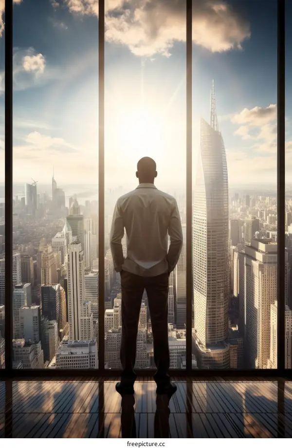 Businessman looking at the city from the top of a skyscraper