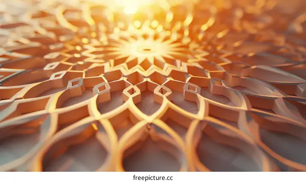 3D rendering of a golden Arabic pattern with a glowing light in the background