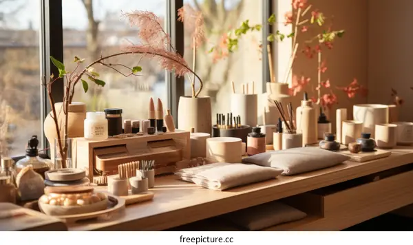An Array of Beauty Products on a Wooden Table by the Window