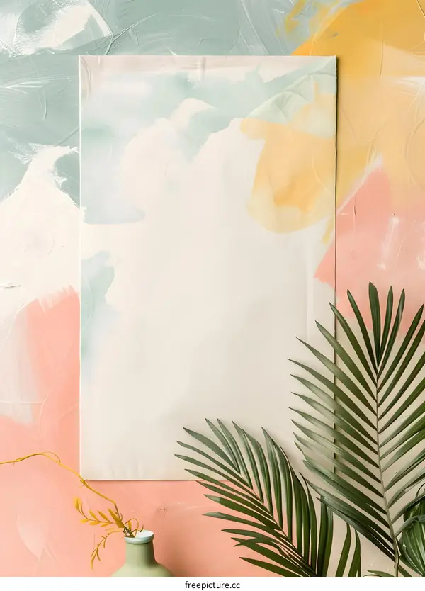 Abstract Watercolor Background with Palm Leaves and Vase