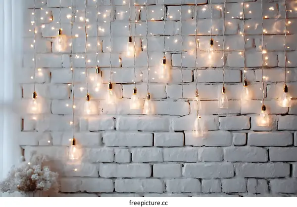 Warm Light String Lights on a White Brick Wall