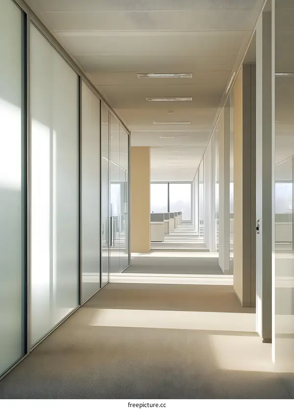 Modern Office Hallway with Glass Walls and Natural Light