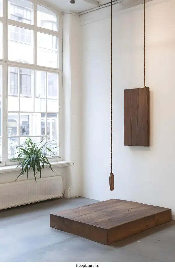 Minimalist Interior Design With Wooden Platform And Hanging Panel