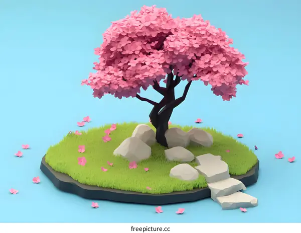Low Poly Pink Cherry Blossom Tree with Stones and Grass