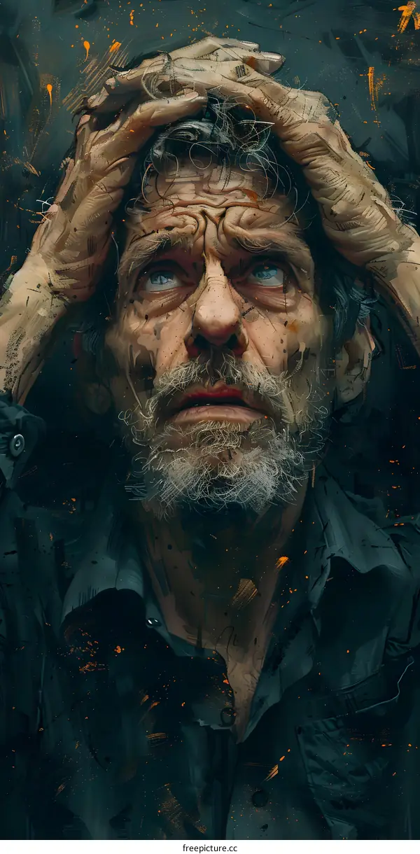 Portrait of an old man with hands on head