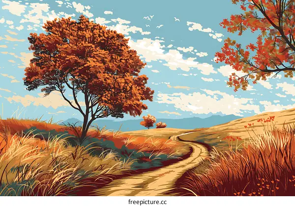 Autumn Landscape with Winding Road and Trees