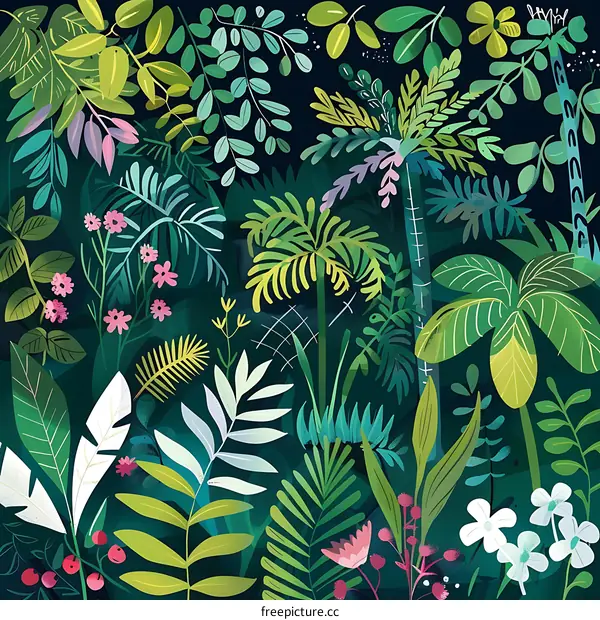 Colorful Illustration of Tropical Plants in a Lush Green Forest