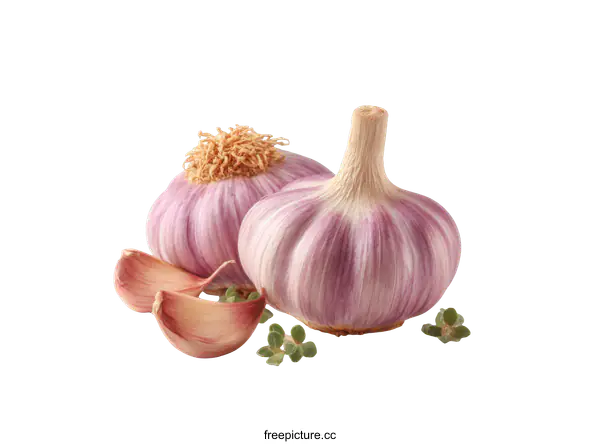 [Transparent Background PNG]Fresh Garlic Bulbs and Cloves with Herbs