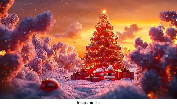 Winter Christmas Tree Scene with Santa Figures