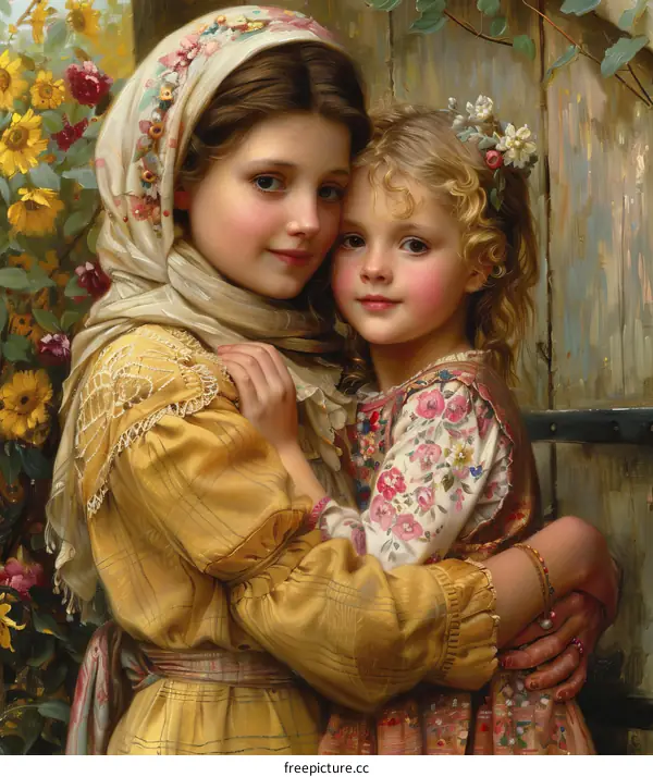 Two Caucasian Girls Embrace in Vintage Style Portrait
