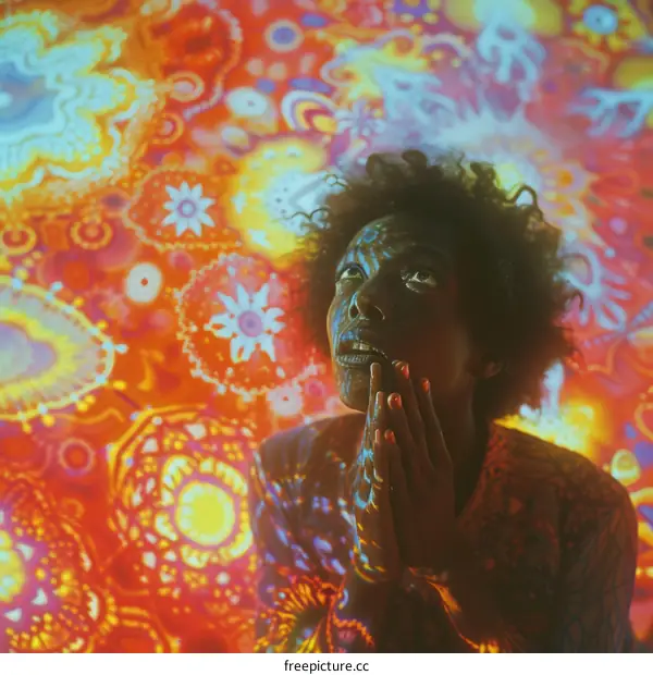 Young African-American woman praying with colorful background