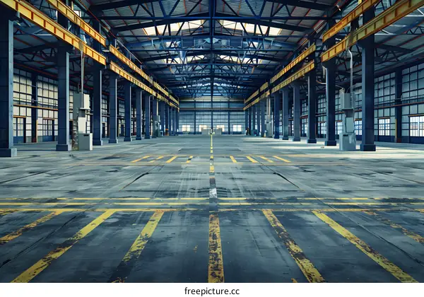 Empty Industrial Warehouse Building With Yellow Lines