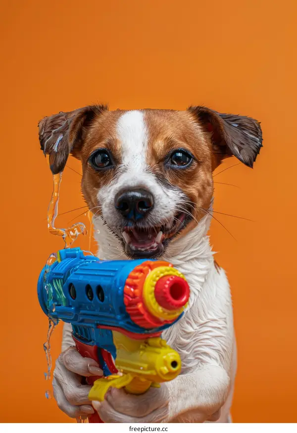 A wet Jack Russell Terrier dog holding a water gun
