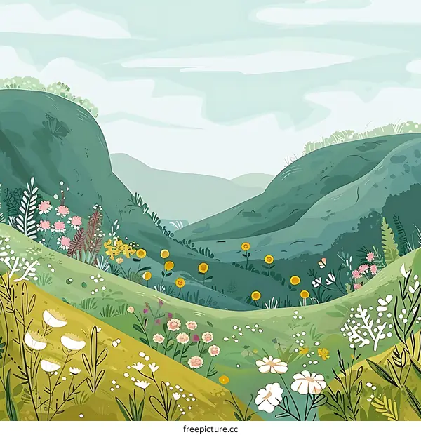 Green Hills With Colorful Flowers Illustration