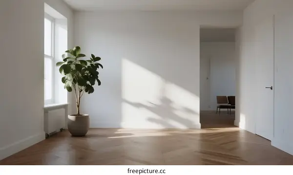 Bright and empty room with natural light and a potted plant