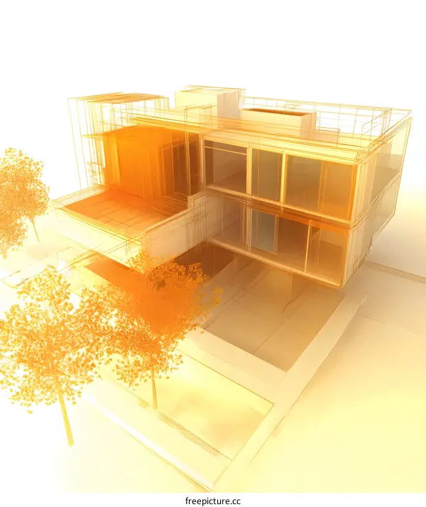 Wireframe Model of a Modern House with Trees