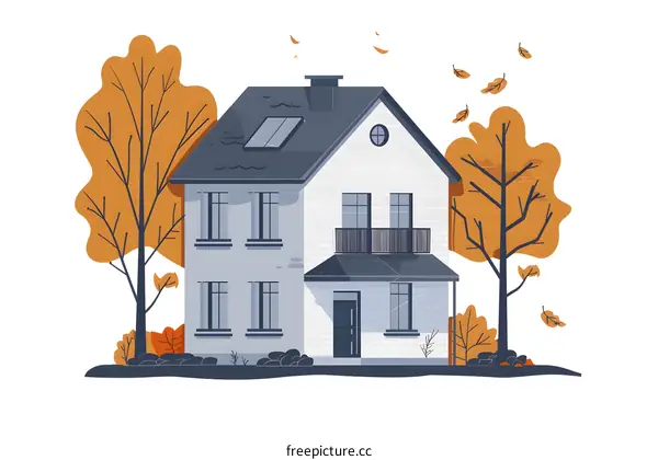 Two Story White House with Autumn Trees and Falling Leaves Illustration