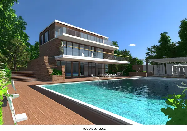 Modern House with Swimming Pool and Landscaping