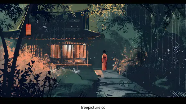 Rainy Night in Traditional Chinese Garden with Woman in Red