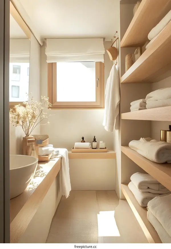 Minimalist Bathroom Interior Design With Wooden Shelves and Towels