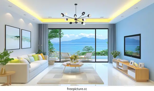 Modern Living Room with Ocean View Illustration