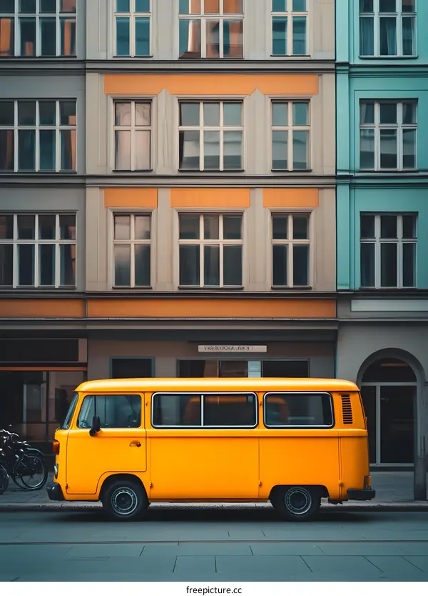 Yellow Vintage Van Parked In Front Of Building