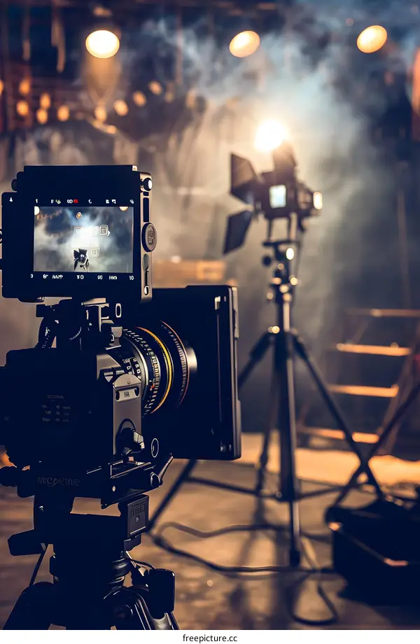 Professional Video Camera on Tripod in Studio Setting