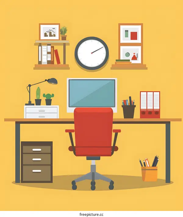 Modern Home Office Desk Workspace with Computer Chair and Accessories