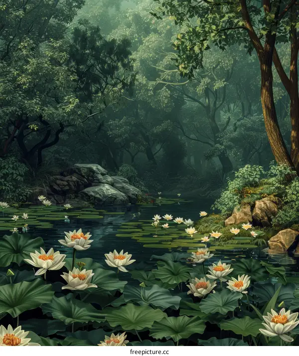 Mystical Forest Pond with White Water Lilies: An Enchanted Landscape