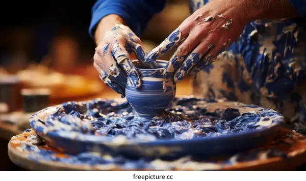 A potter shapes a bowl on a potter's wheel