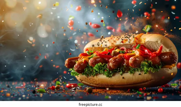 Hotdog with mustard, ketchup, relish, peppers, and spices