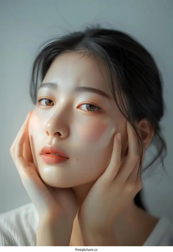 Close Up Portrait Of A Young Asian Woman With Hands On Face